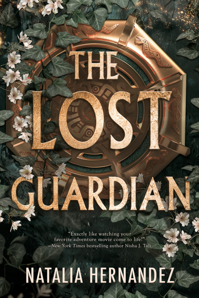 The Lost Guardian book cover featuring a gold symbolic carving hidden by overgrown ivy and blooming white flowers.