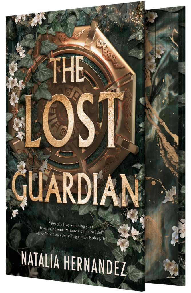 The Lost Guardian book cover featuring a gold symbolic carving hidden by overgrown ivy, blooming white flowers, and painted edges for the deluxe addition.